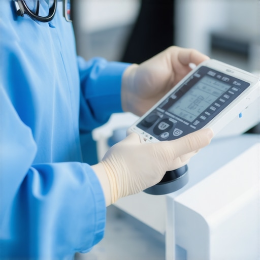Healthcare professional calibrating medical devices with digital tools in a clinical setting.