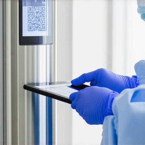 Technician scanning medical equipment for digital maintenance tracking