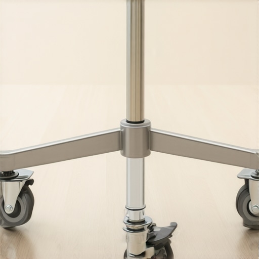 A high-quality stainless steel Mayo stand base showing heavy-duty wheels and a metal locking mechanism.