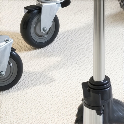 Close-up of large medical equipment wheels designed for high-pile hospital carpets.